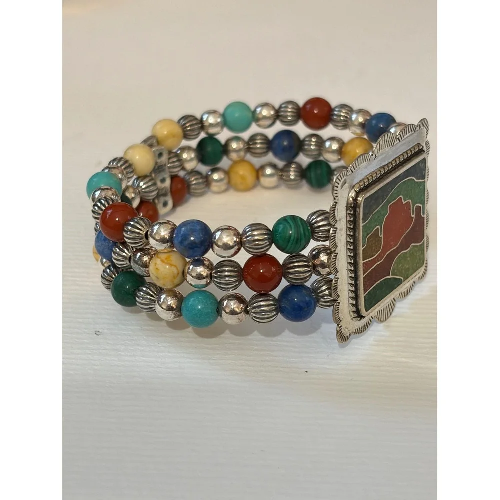 Carolyn Pollack Relios Sterling Multi Gemstone Desert Scene Beaded Cuff Bracelet
